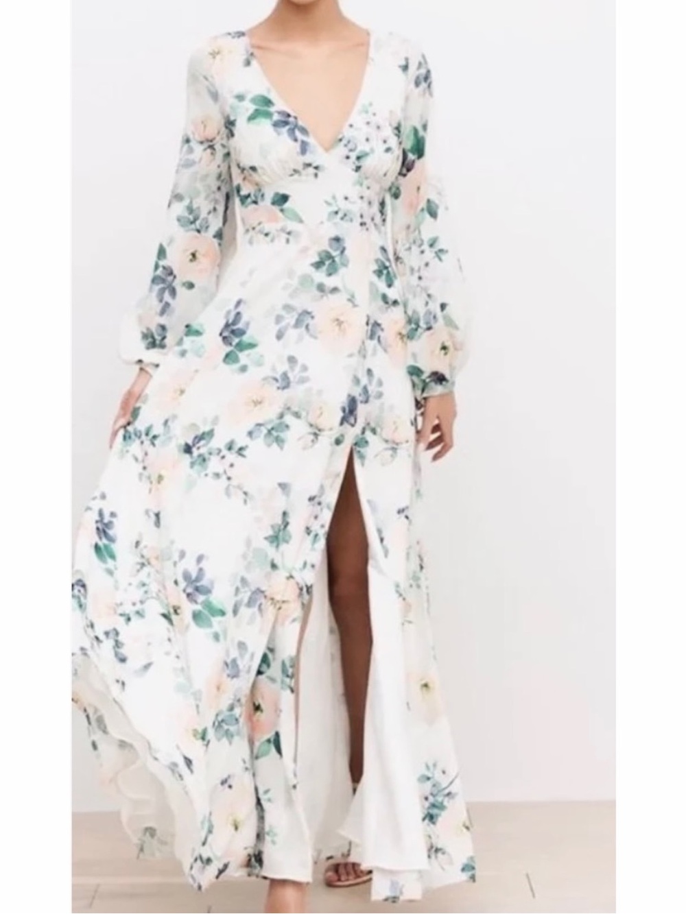 NWT Yumi Kim Melissa Maxi Dress Ivory Floral V-Neck Long Sleeve with Slit size 4